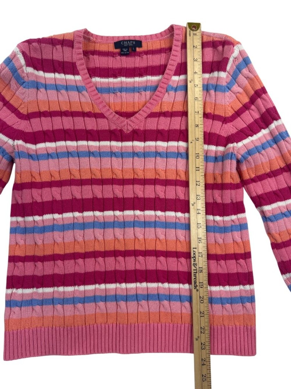 Chaps Women’s L V-Neck Cable Knit Sweater Striped Cotton Multicolor - Picture 7 of 10